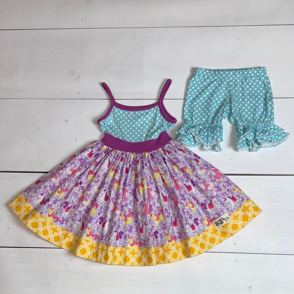 KPea Original Unicorn Polka Dot Dress and Matching Shorts Size 3T